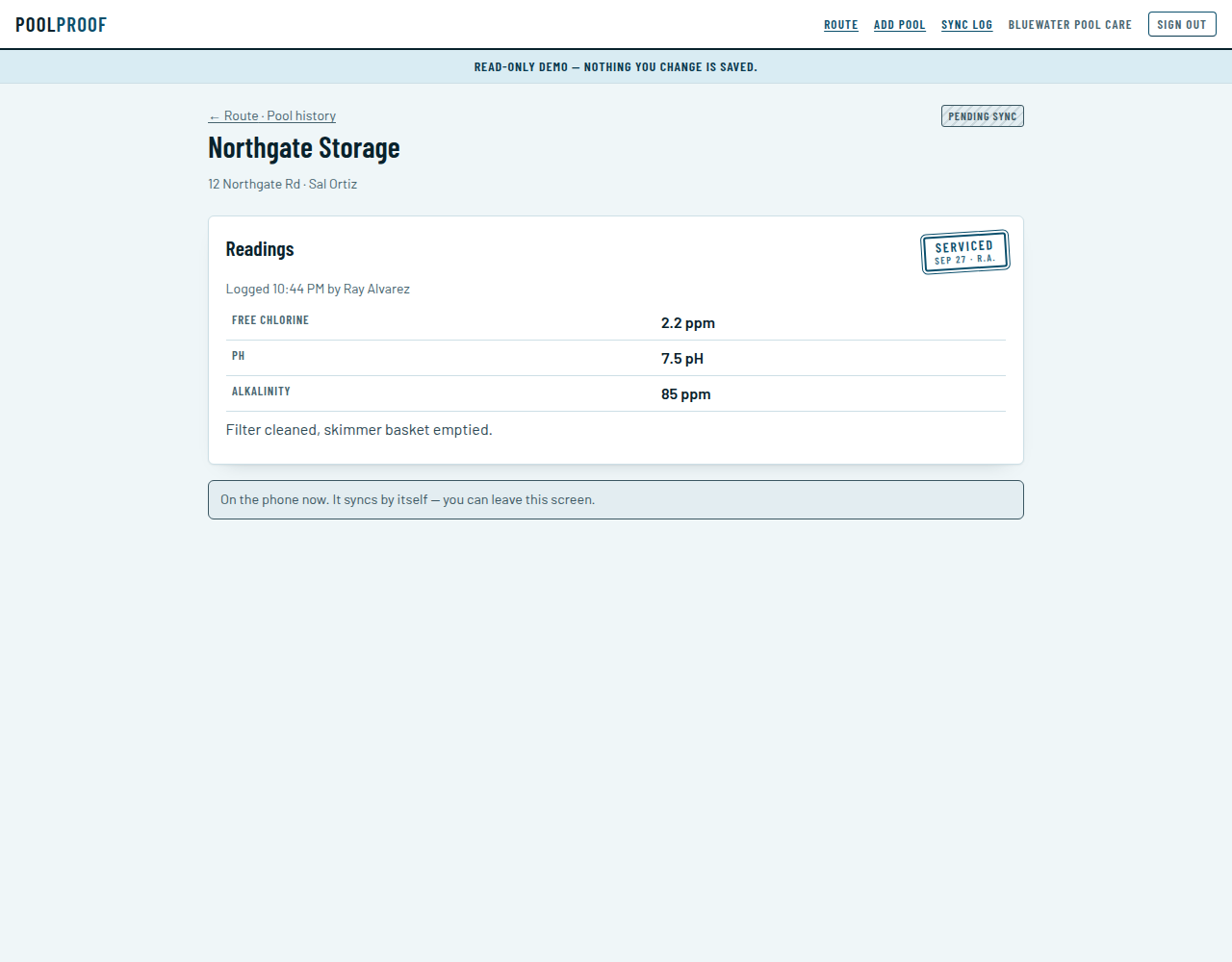 A stop written up: the badge reads Pending sync until the server has the record.