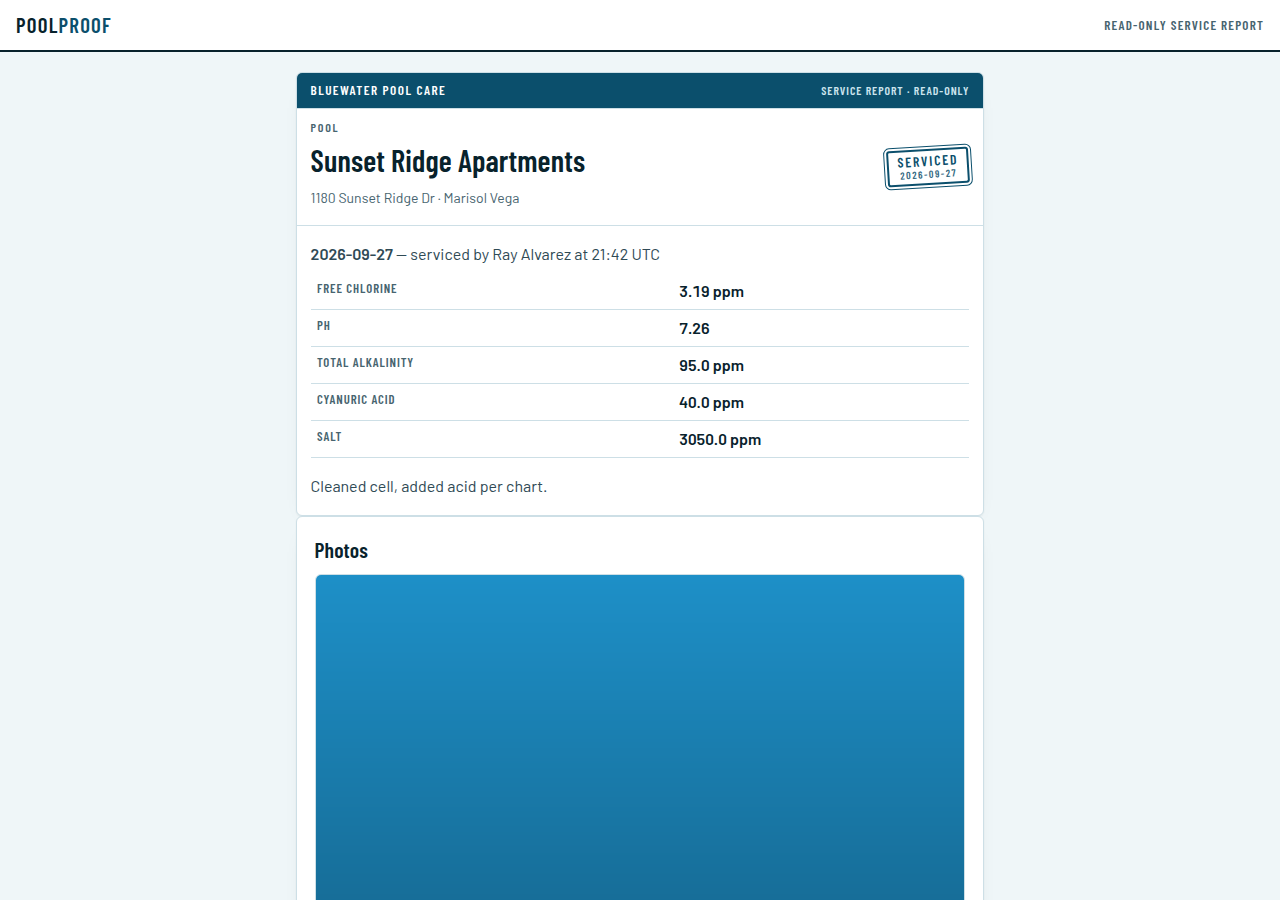 The customer report the link opens: readings, notes, photos, no login.