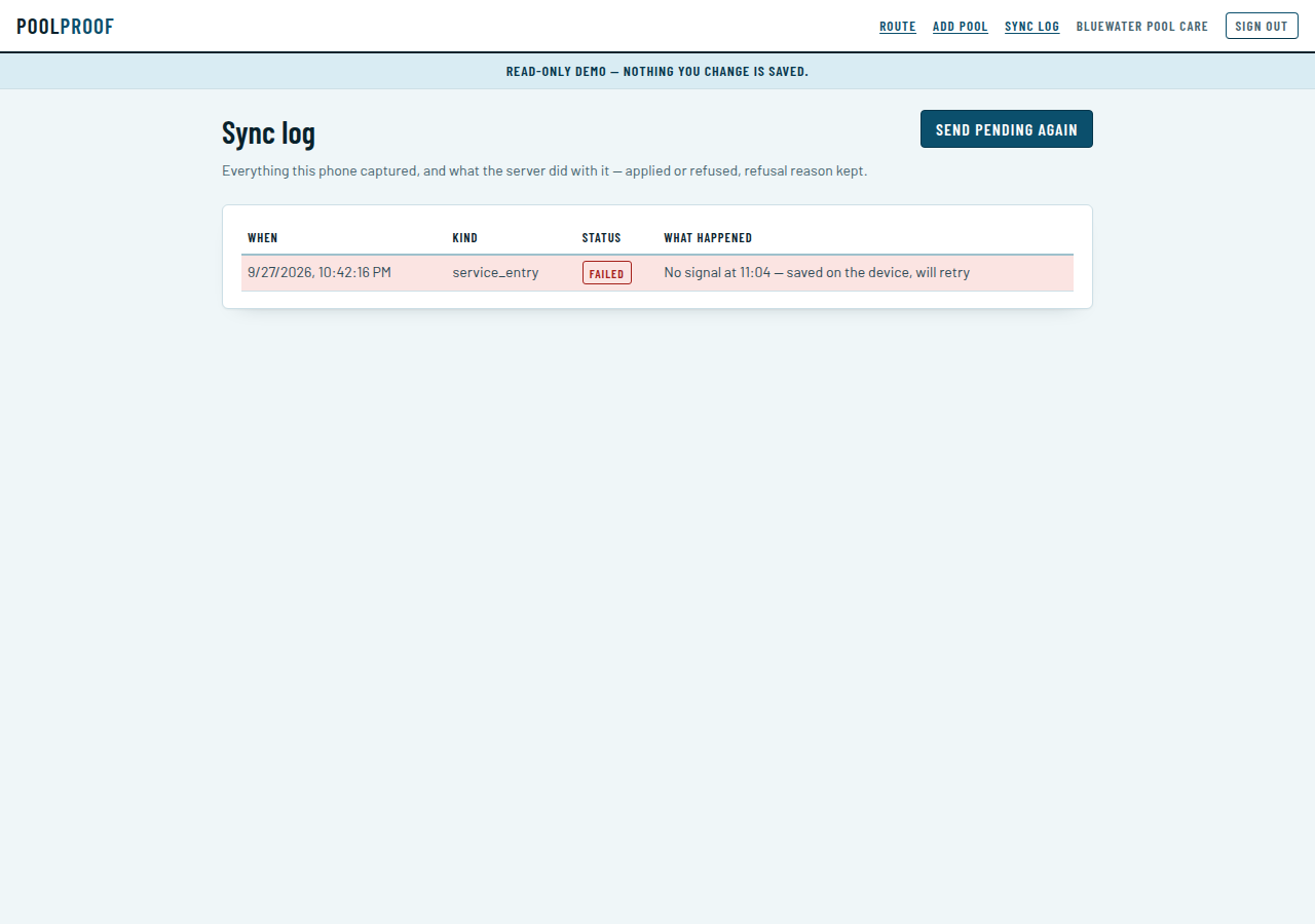 The sync log: every capture this phone made, applied or refused, refusal reason kept.